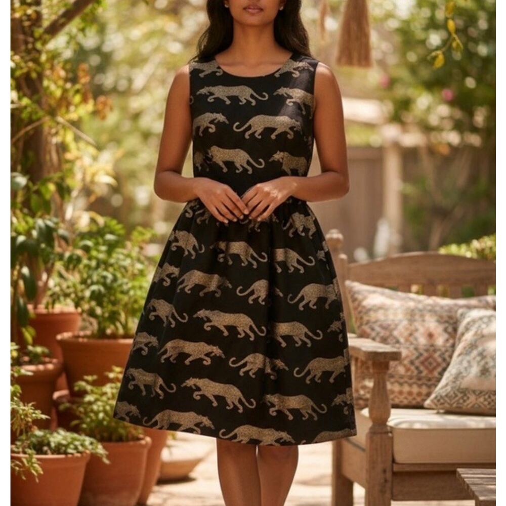 Eyedoll Golden Panther black sleeveless midi Dress from Anthropologie sz 10 - Picture 2 of 12